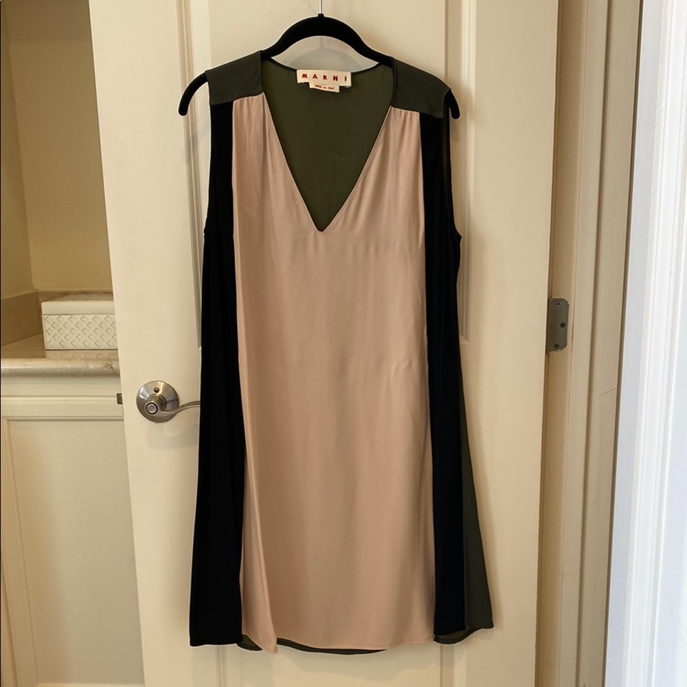 Marni Cream and Black Sheath Midi Dress V-Neck Cocktail